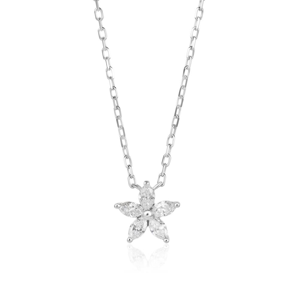 18ct White Gold Marquise Diamond Flower Necklace Thumbnail Image 0