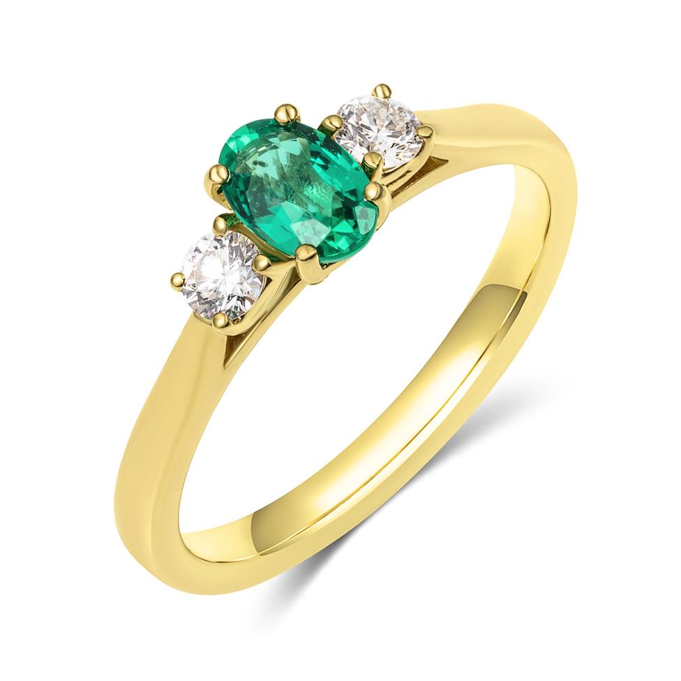 18ct Yellow Gold Emerald and Diamond Three Stone Ring Thumbnail Image 0