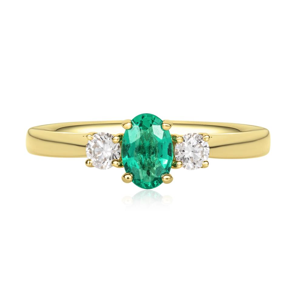 18ct Yellow Gold Emerald and Diamond Three Stone Ring Thumbnail Image 1