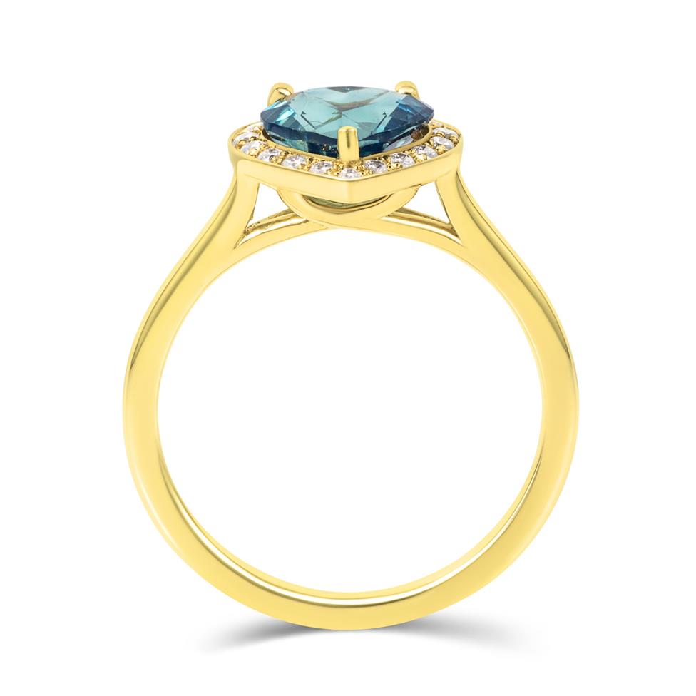 18ct Yellow Gold Heart Teal Sapphire Halo Engagement Ring Thumbnail Image 3