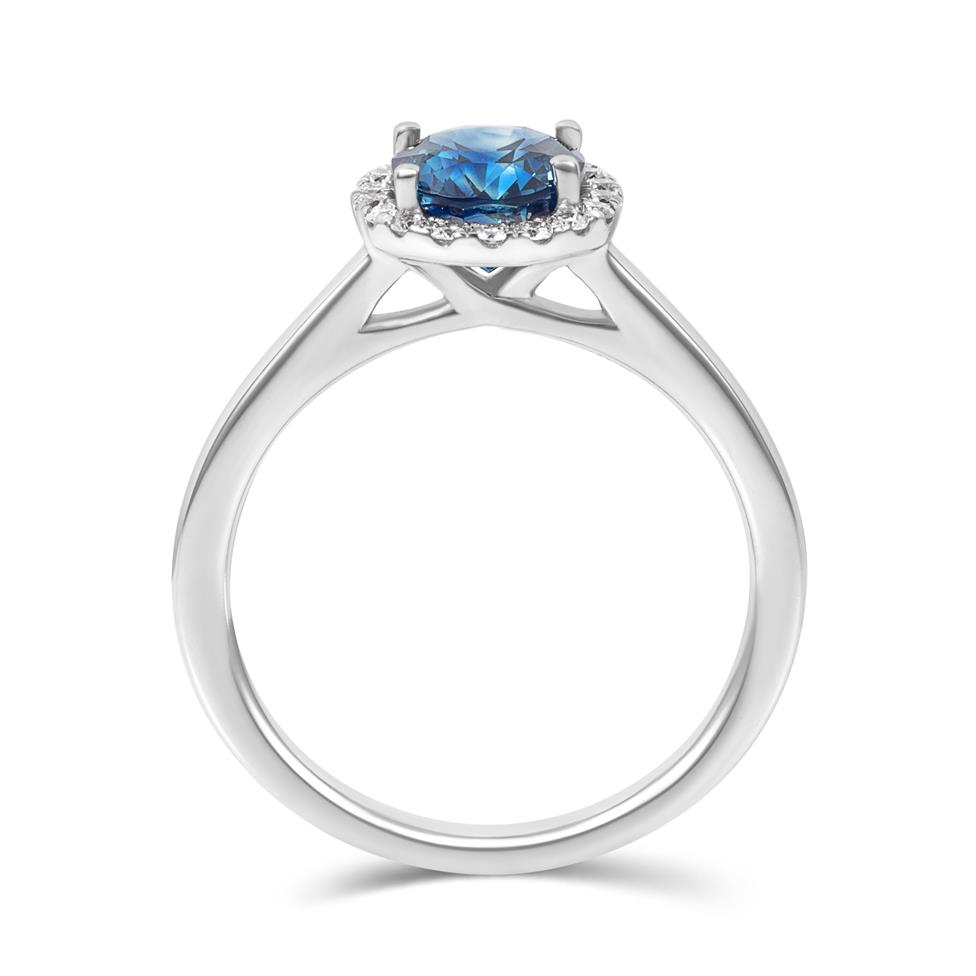 Platinum Oval Teal Sapphire and Diamond Halo Engagement Ring Thumbnail Image 2