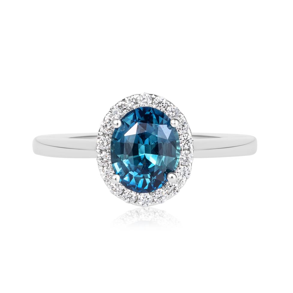 Platinum Oval Teal Sapphire and Diamond Halo Engagement Ring Thumbnail Image 1