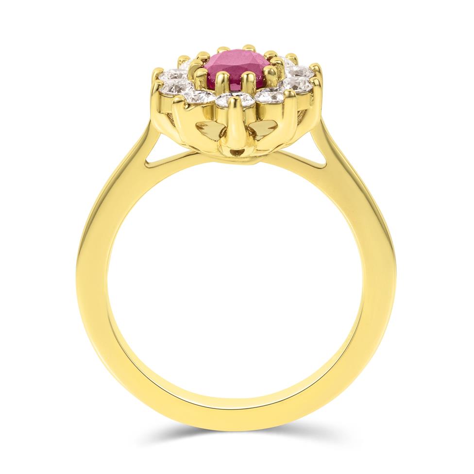 18ct Yellow Gold Oval Ruby and Diamond Cluster Engagement Ring Thumbnail Image 2