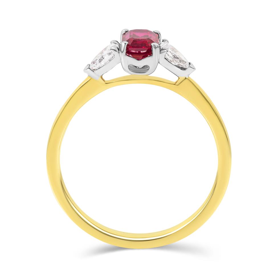 18ct Yellow Gold Ruby and Diamond Three Stone Engagement Ring Thumbnail Image 2