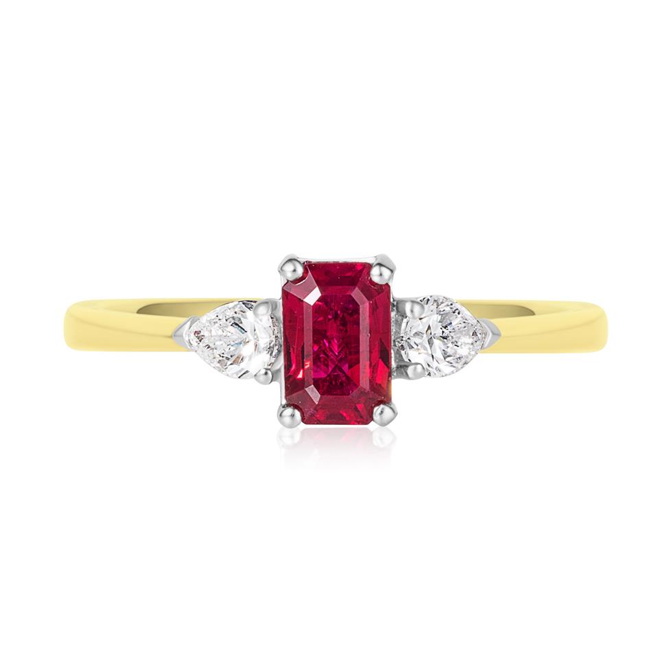 18ct Yellow Gold Ruby and Diamond Three Stone Engagement Ring Thumbnail Image 1