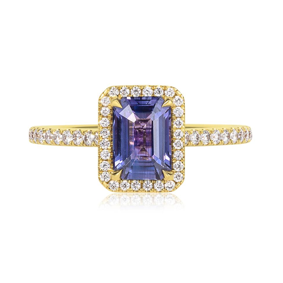 18ct Yellow Gold Violet Sapphire and Diamond Halo Engagement Ring Thumbnail Image 1