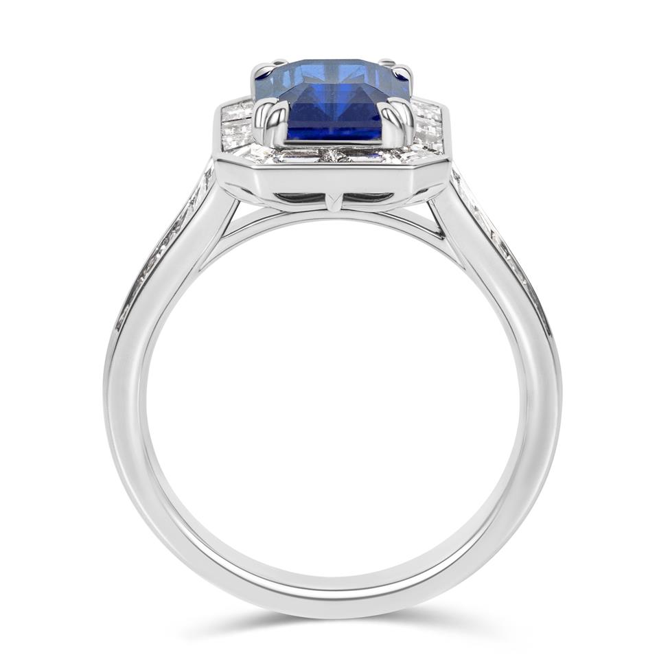 Platinum Emerald Cut Sapphire and Diamond Cluster Engagement Ring Thumbnail Image 2