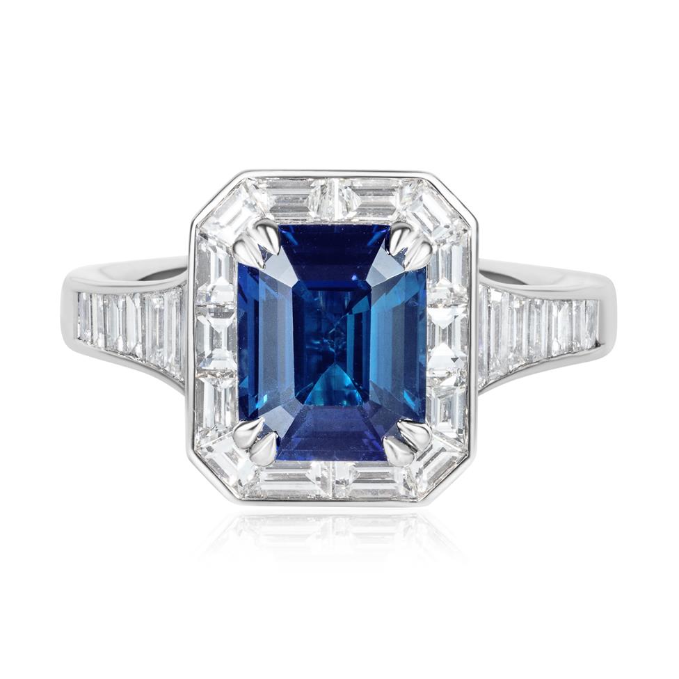 Platinum Emerald Cut Sapphire and Diamond Cluster Engagement Ring Thumbnail Image 1