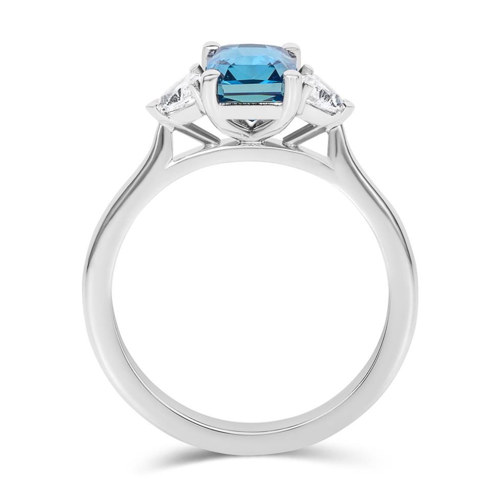 Platinum Radiant Cut Teal Sapphire and Diamond Three Stone Ring Thumbnail Image 2