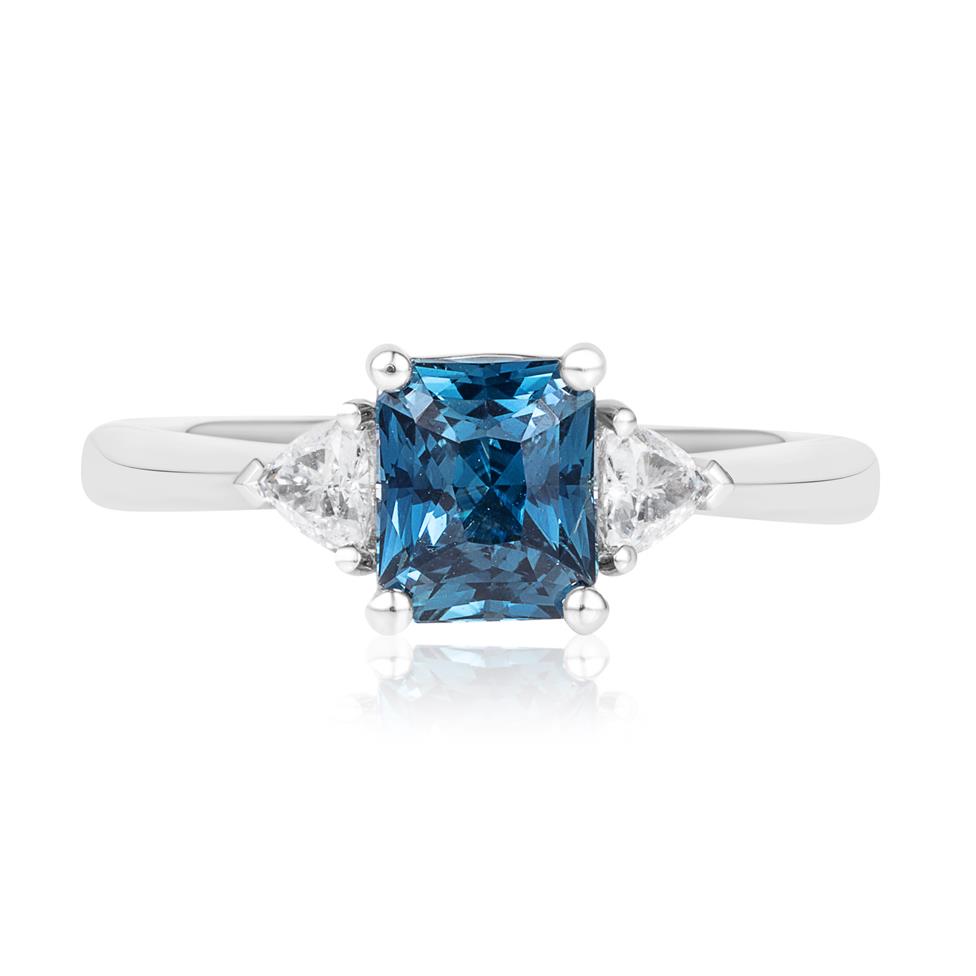 Platinum Radiant Cut Teal Sapphire and Diamond Three Stone Ring Thumbnail Image 1