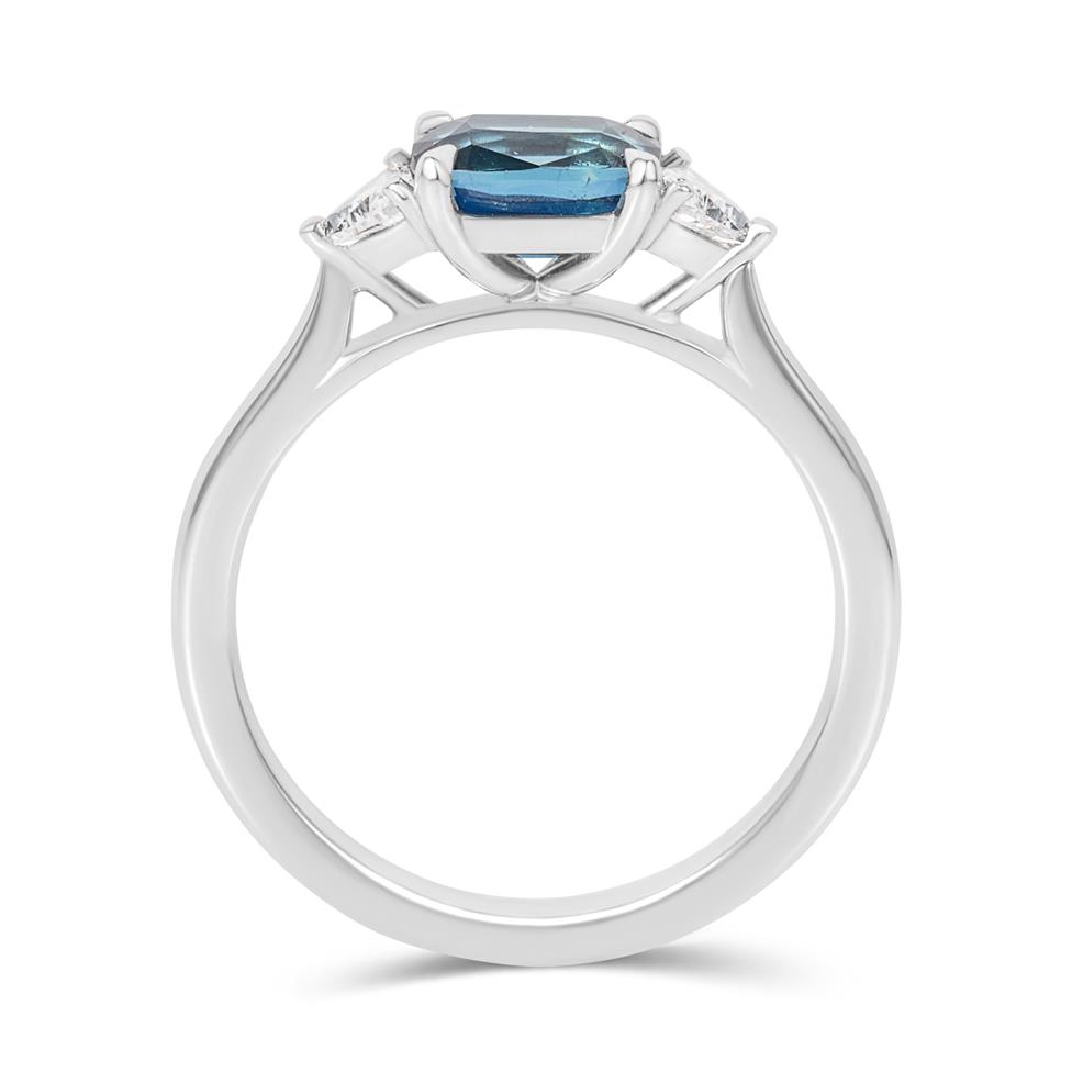 Platinum Cushion Cut Teal Sapphire and Diamond Three Stone Ring Thumbnail Image 2