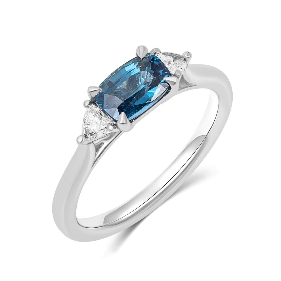 Platinum Cushion Cut Teal Sapphire and Diamond Three Stone Ring Thumbnail Image 0