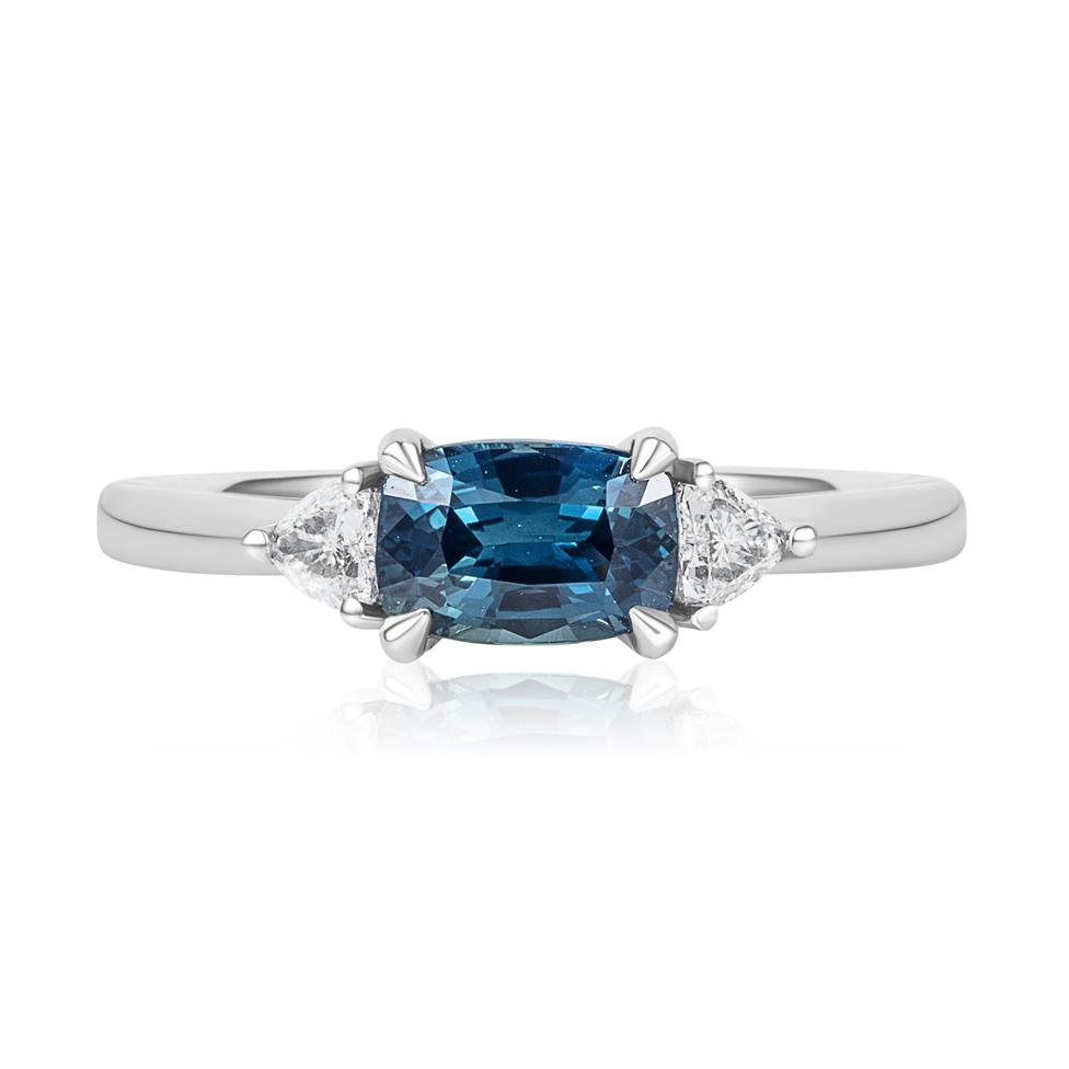 Platinum Cushion Cut Teal Sapphire and Diamond Three Stone Ring Thumbnail Image 1