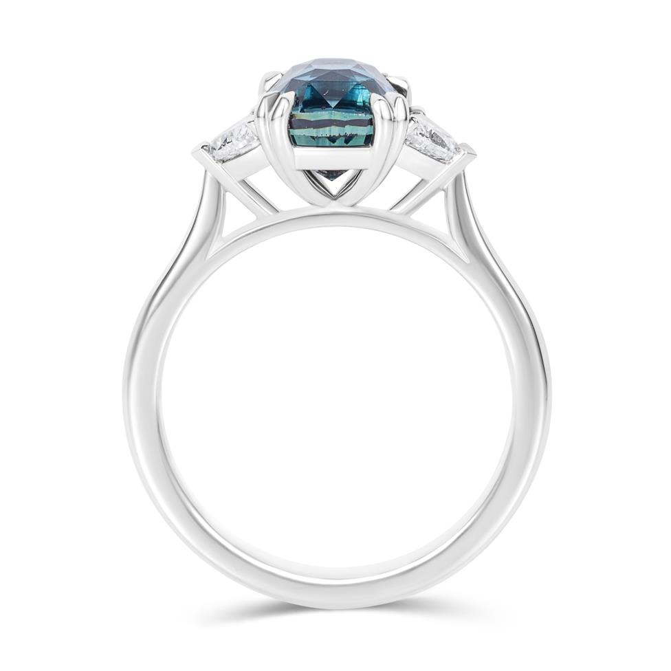 Platinum Cushion Cut Teal Sapphire and Diamond Three Stone Ring Thumbnail Image 2