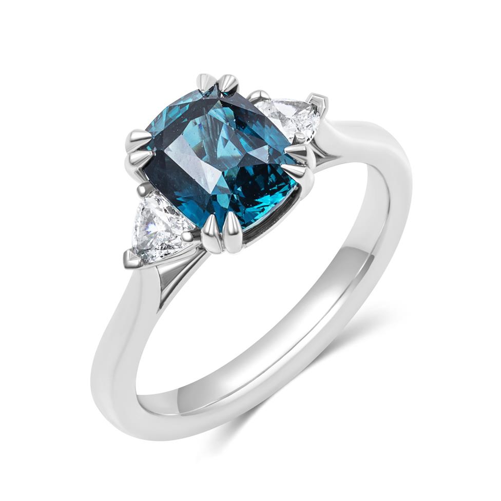 Platinum Cushion Cut Teal Sapphire and Diamond Three Stone Ring Thumbnail Image 0