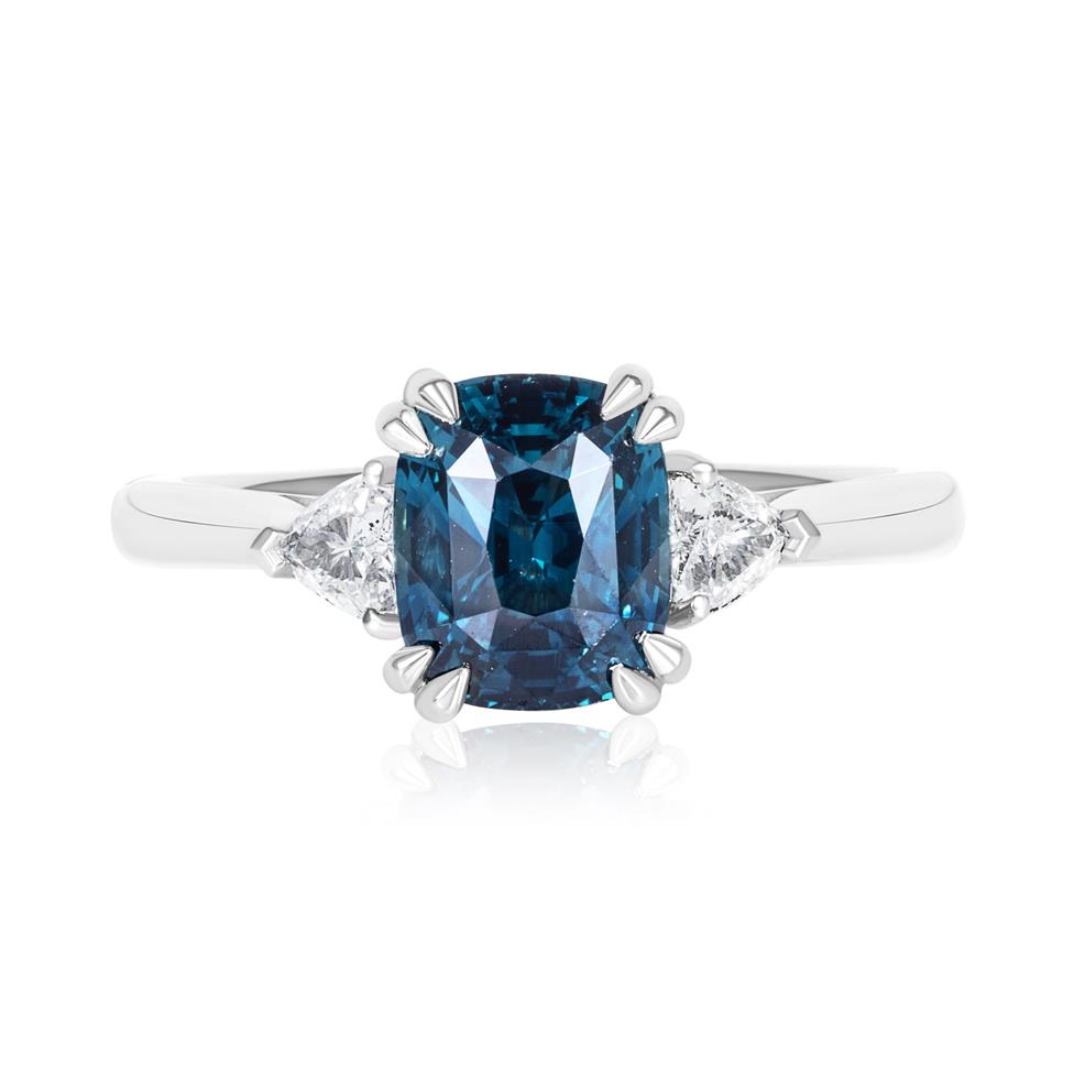 Platinum Cushion Cut Teal Sapphire and Diamond Three Stone Ring Thumbnail Image 1