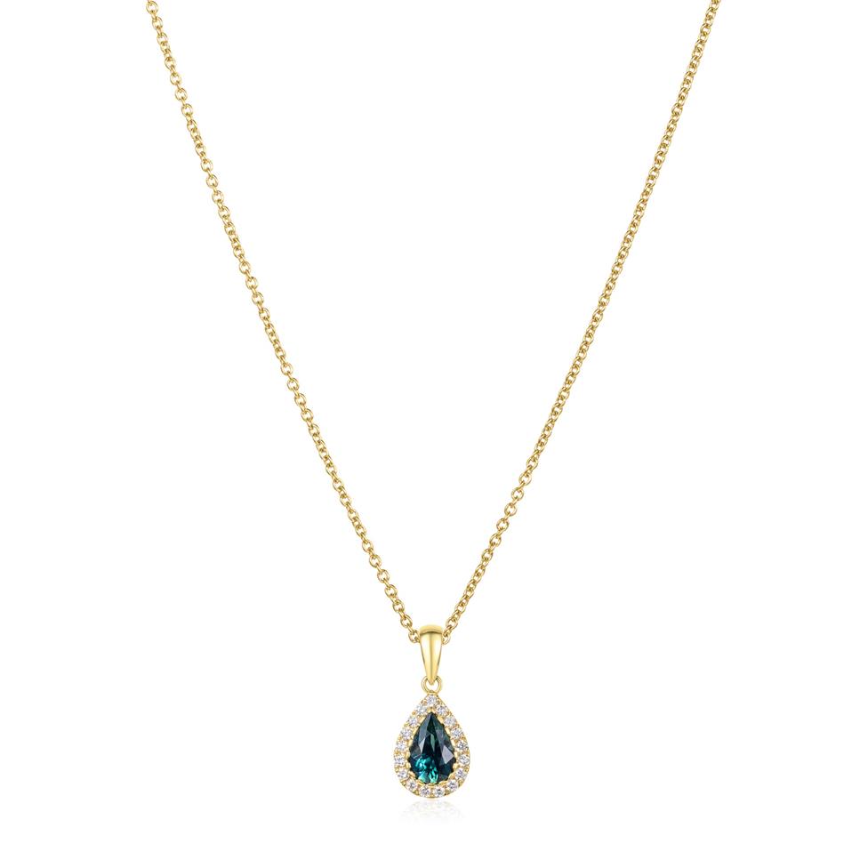 Camellia 18ct Yellow Gold Pear Teal Sapphire and Diamond Pendant Thumbnail Image 1