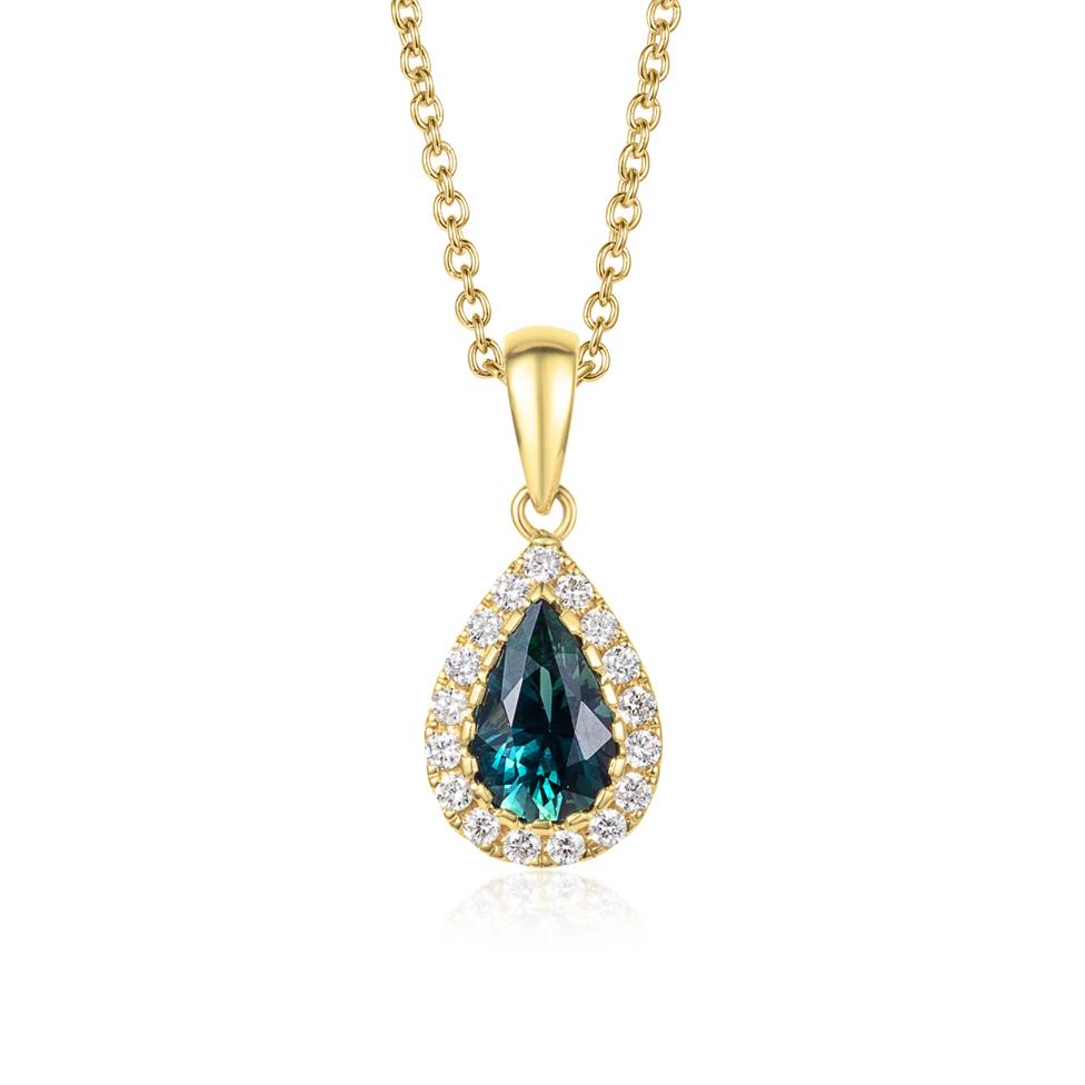 Camellia 18ct Yellow Gold Pear Teal Sapphire and Diamond Pendant Thumbnail Image 0