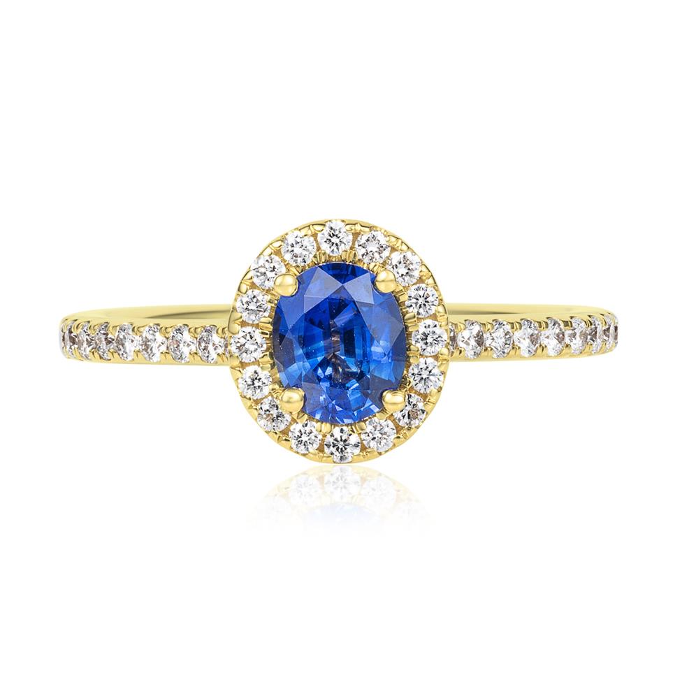 18ct Yellow Gold Oval Sapphire and Diamond Halo Ring Thumbnail Image 1