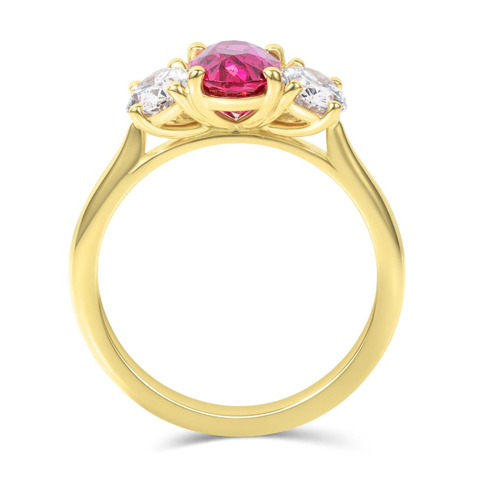 18ct Yellow Gold Ruby and Diamond Three Stone Engagement Ring Thumbnail Image 2