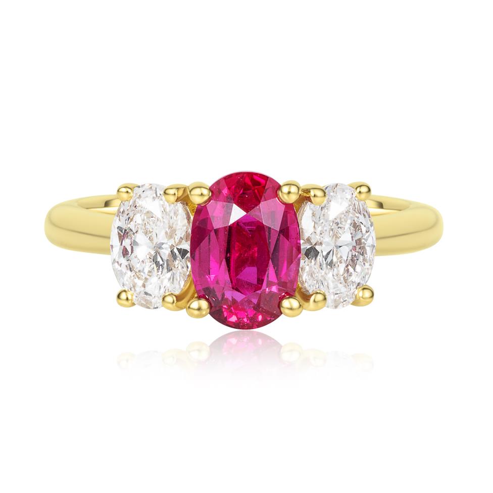 18ct Yellow Gold Ruby and Diamond Three Stone Engagement Ring Thumbnail Image 1