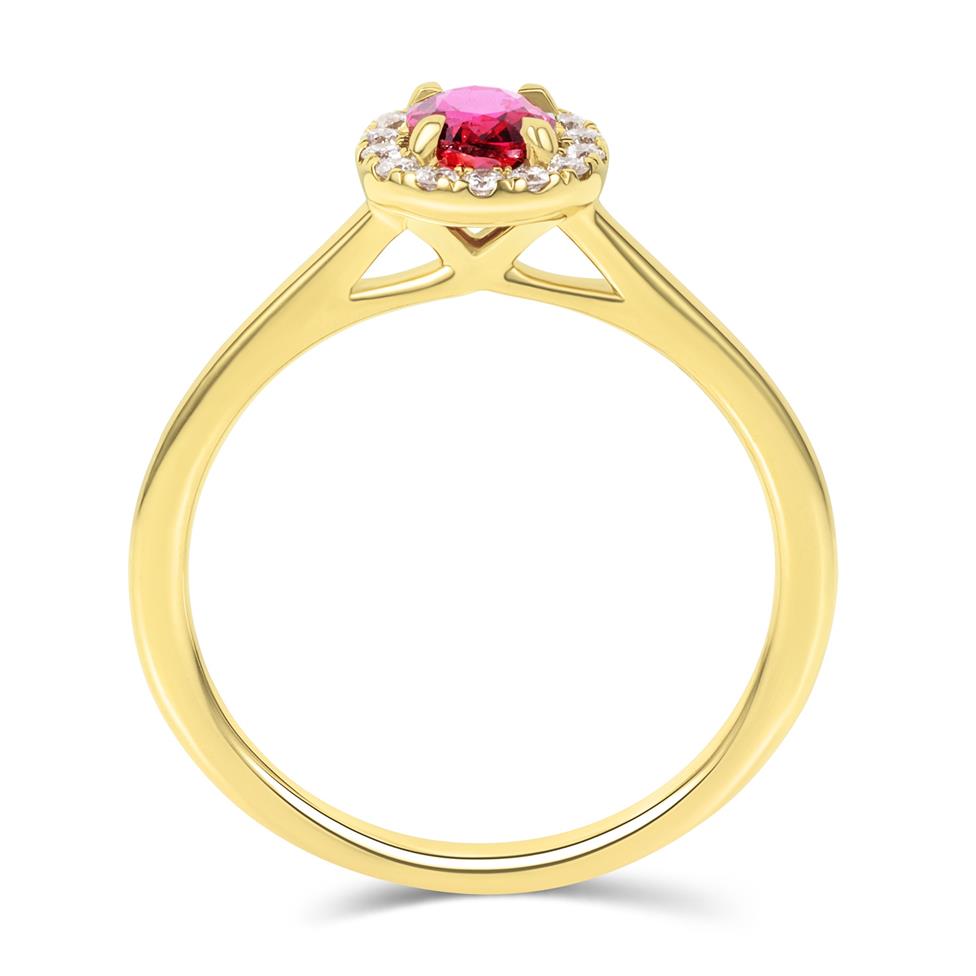 18ct Yellow Gold Oval Ruby and Diamond Halo Engagement Ring Thumbnail Image 2