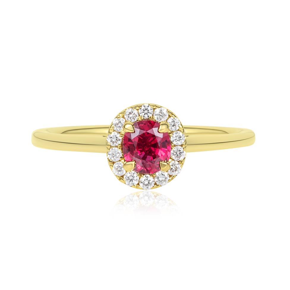 18ct Yellow Gold Oval Ruby and Diamond Halo Engagement Ring Thumbnail Image 1