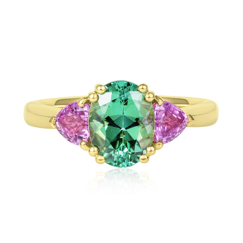 18ct Yellow Gold Mint Tourmaline and PinkSapphire Ring Thumbnail Image 1