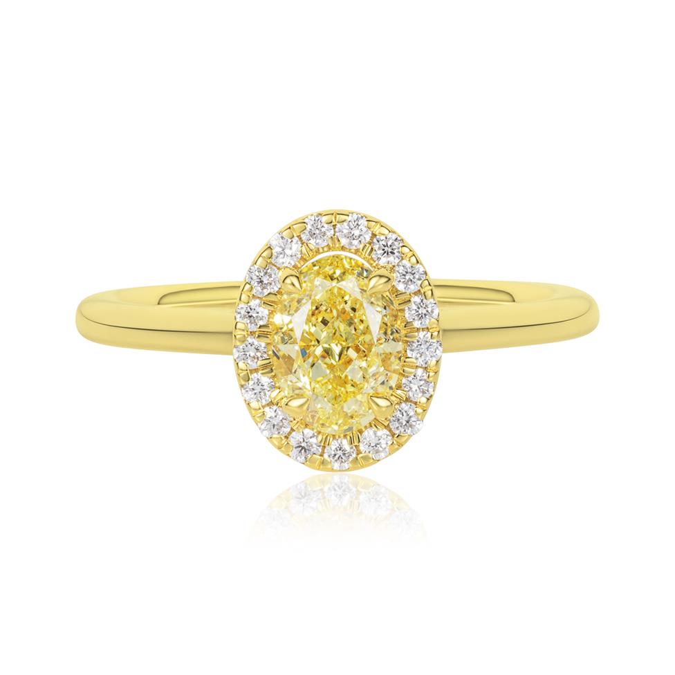 18ct Yellow Gold Oval Cut Yellow Diamond Halo Engagement Ring 1.03ct Thumbnail Image 1