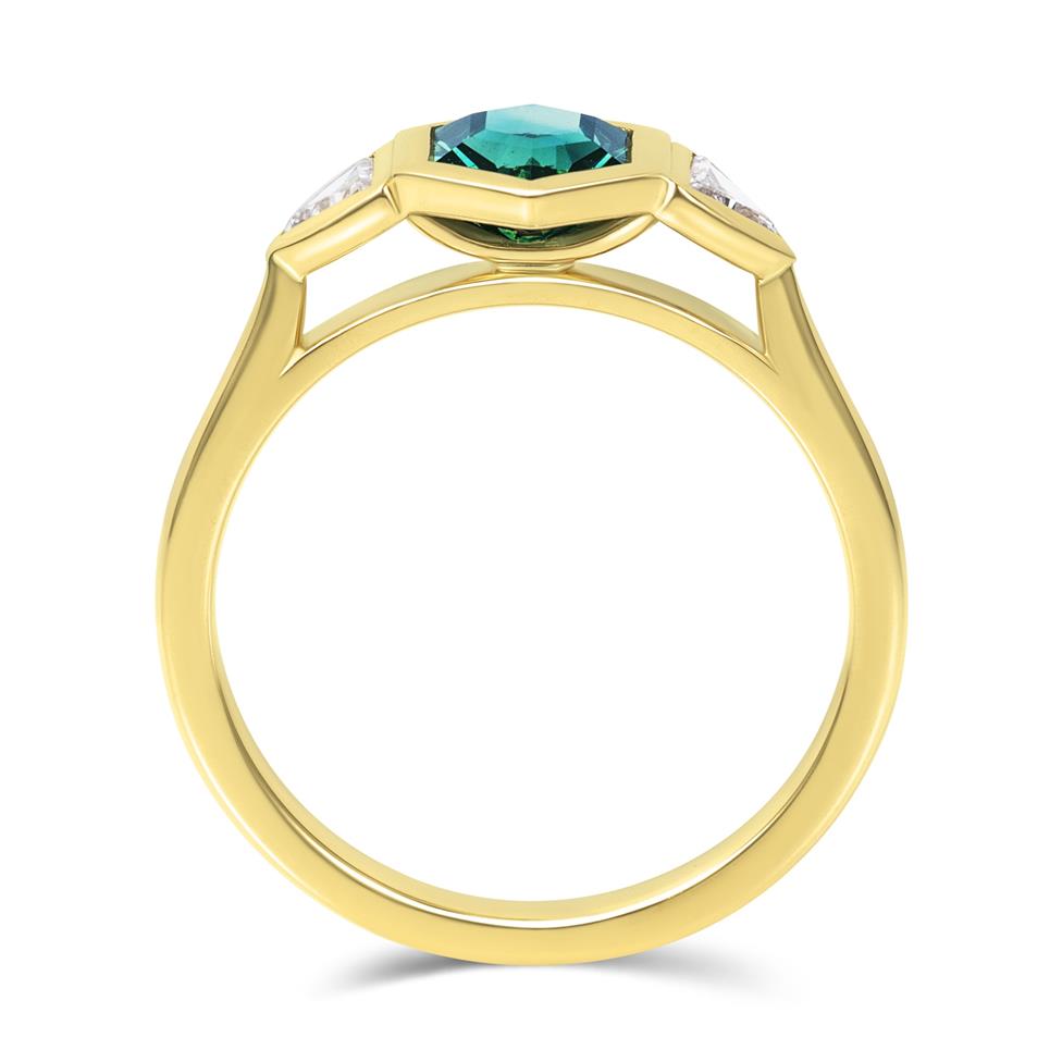 18ct Yellow Gold Hexagon Cut Teal Sapphire and Diamond Engagement Ring Thumbnail Image 2