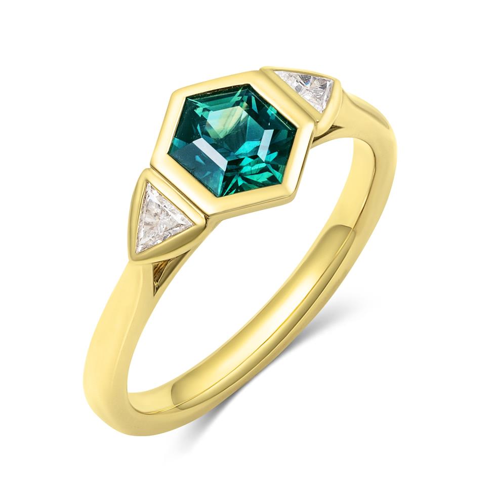 18ct Yellow Gold Hexagon Cut Teal Sapphire and Diamond Engagement Ring Thumbnail Image 0