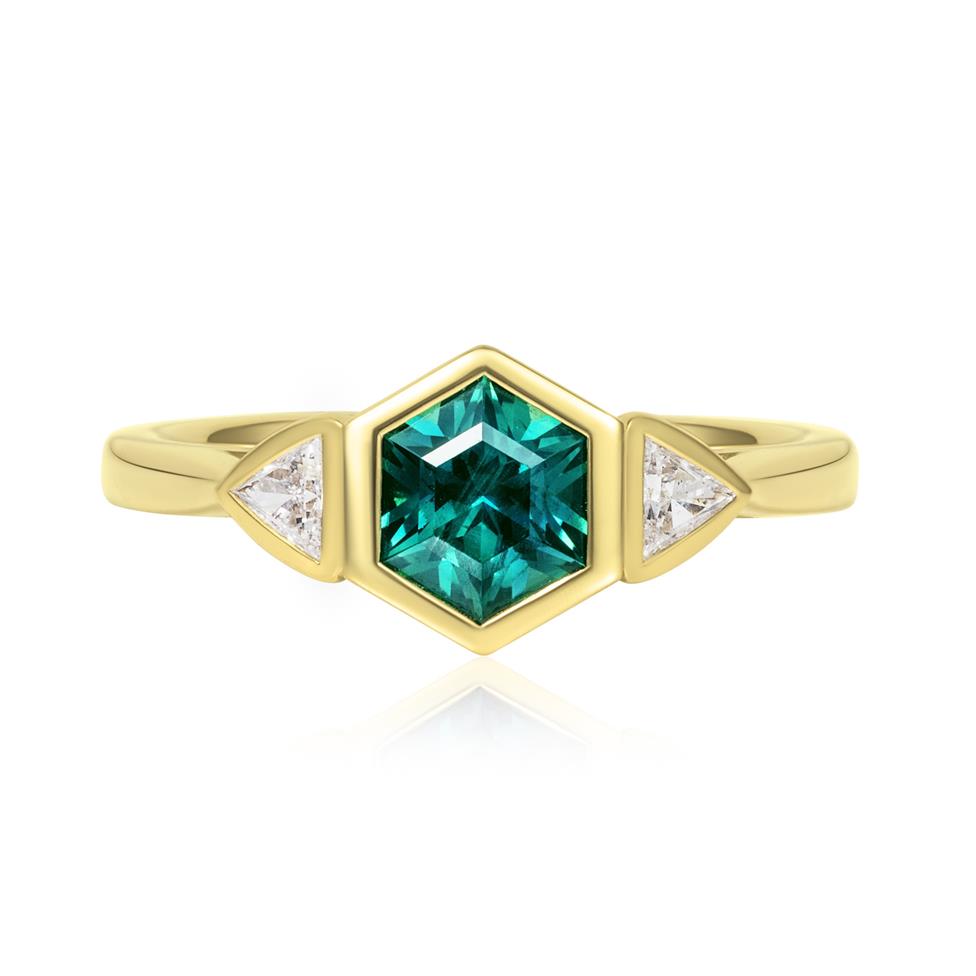 18ct Yellow Gold Hexagon Cut Teal Sapphire and Diamond Engagement Ring Thumbnail Image 1