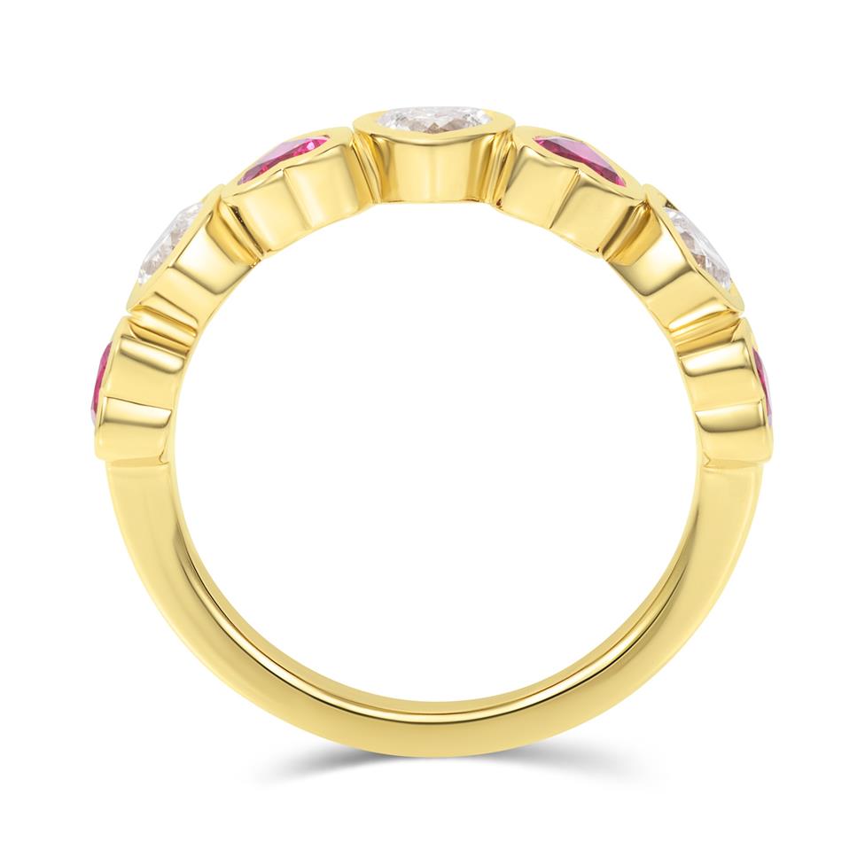 18ct Yellow Gold Heart Ruby and Diamond Half Eternity Ring Thumbnail Image 2