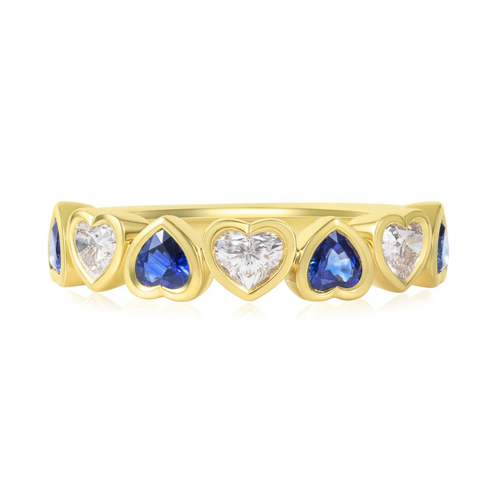 18ct Yellow Gold Heart Sapphire and Diamond Half Eternity Ring Thumbnail Image 1