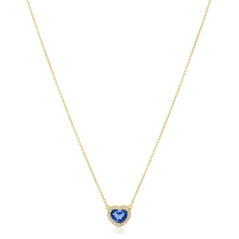 18ct Yellow Gold Sapphire Halo Heart Necklace Thumbnail Image 1