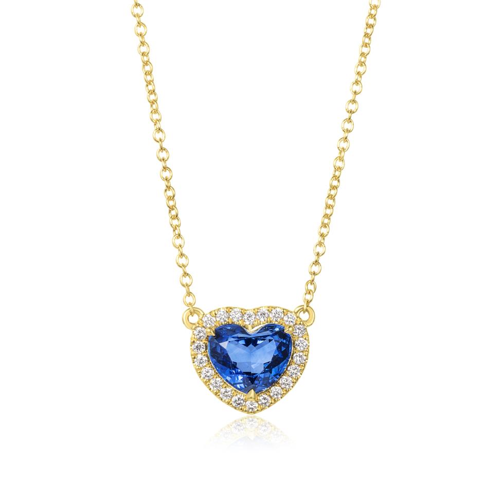 18ct Yellow Gold Sapphire Halo Heart Necklace Thumbnail Image 0