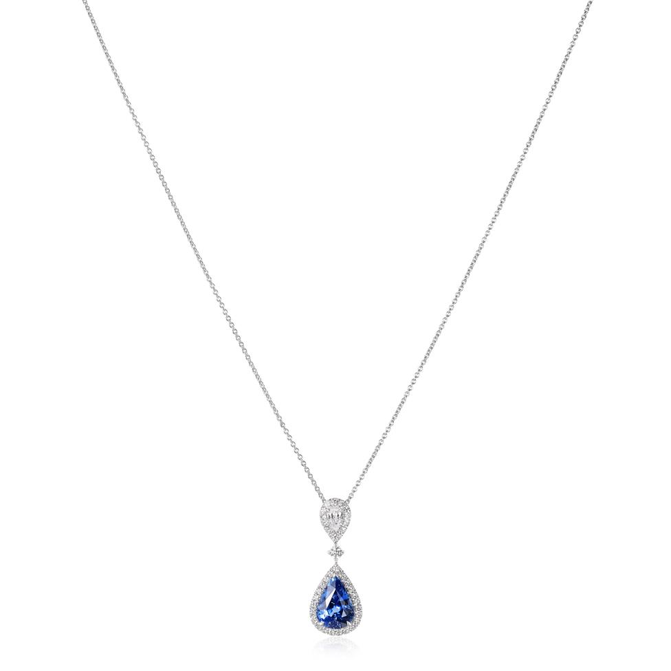 18ct White Gold Sapphire and Diamond Halo Necklace Thumbnail Image 1