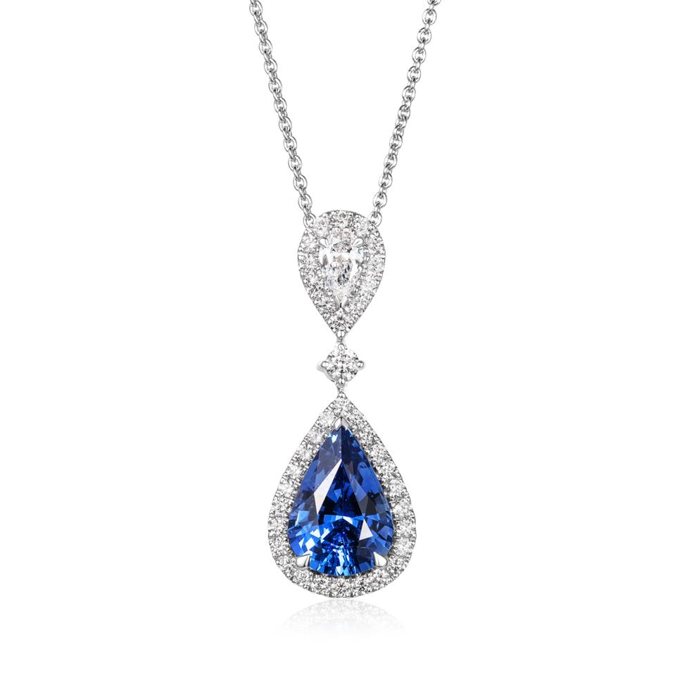 18ct White Gold Sapphire and Diamond Halo Necklace Thumbnail Image 0