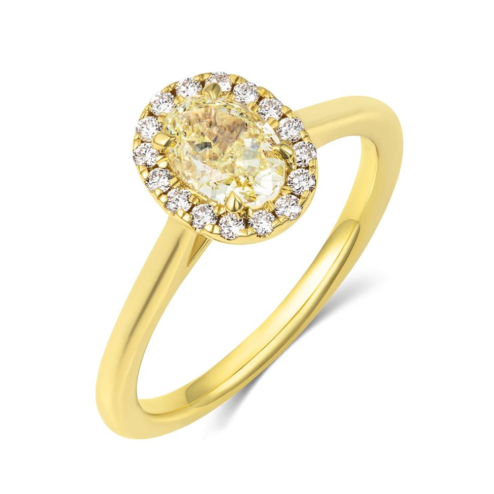 18ct Yellow Gold Oval Cut Yellow Diamond Halo Engagement Ring 0.90ct Thumbnail Image 0