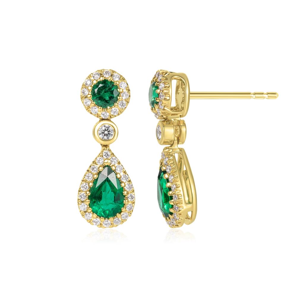 Camellia 18ct Yellow Gold Pear Shape Emerald and Diamond  Drop Earrings Thumbnail Image 0