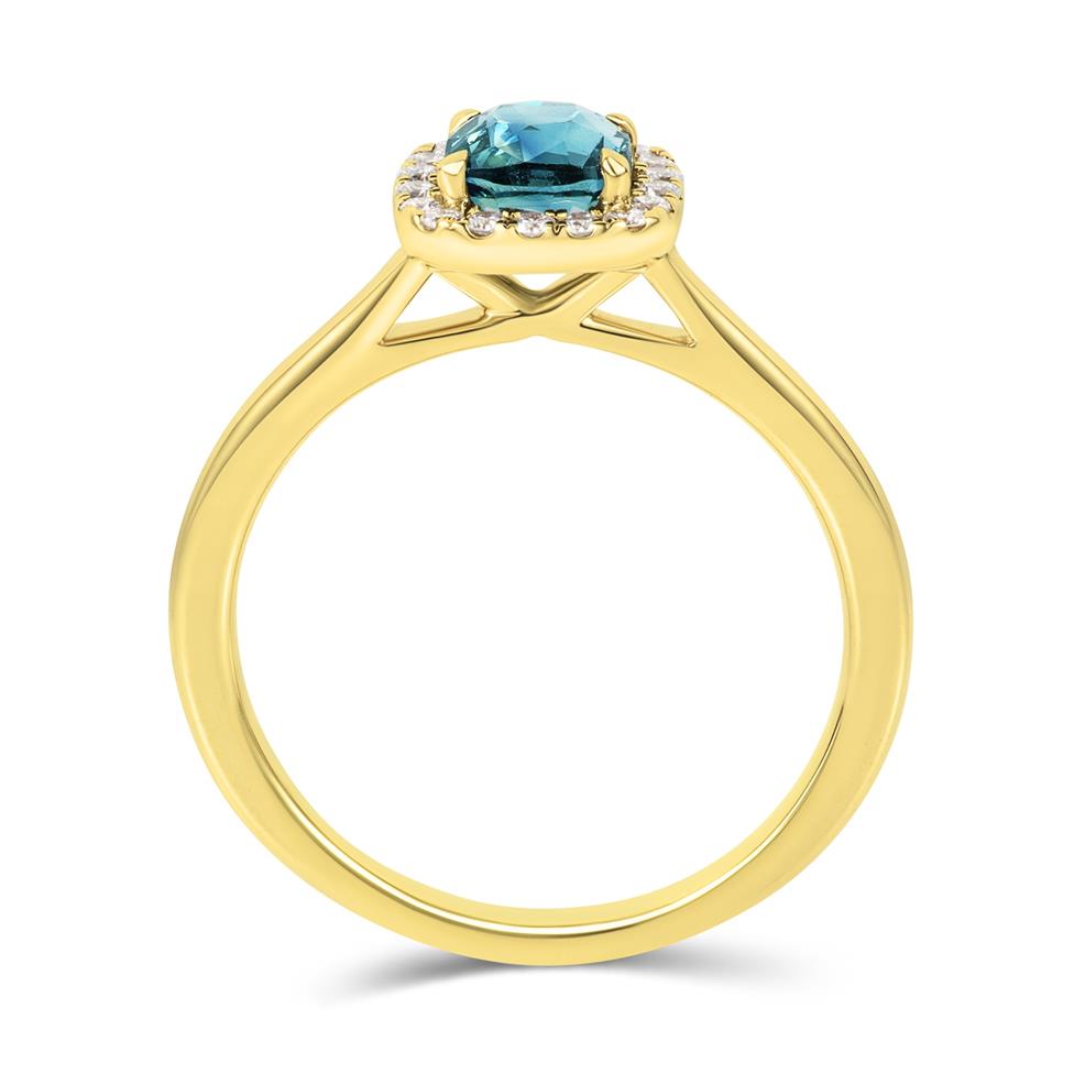 18ct Yellow Gold CushionTeal Sapphire Halo Engagement Ring Thumbnail Image 2