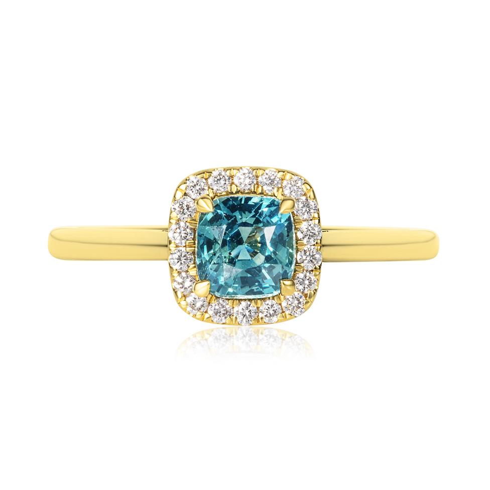 18ct Yellow Gold CushionTeal Sapphire Halo Engagement Ring Thumbnail Image 1