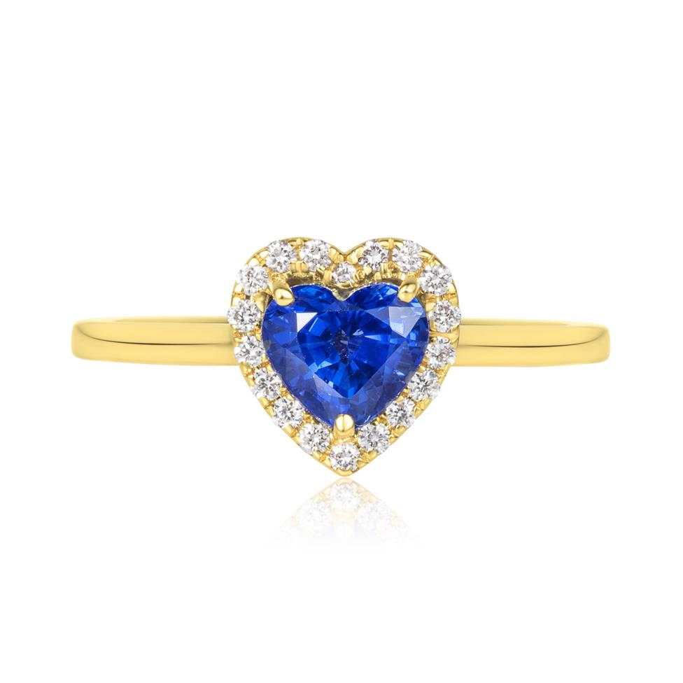 18ct Yellow Gold Heart Blue Sapphire Halo Engagement Ring Thumbnail Image 1