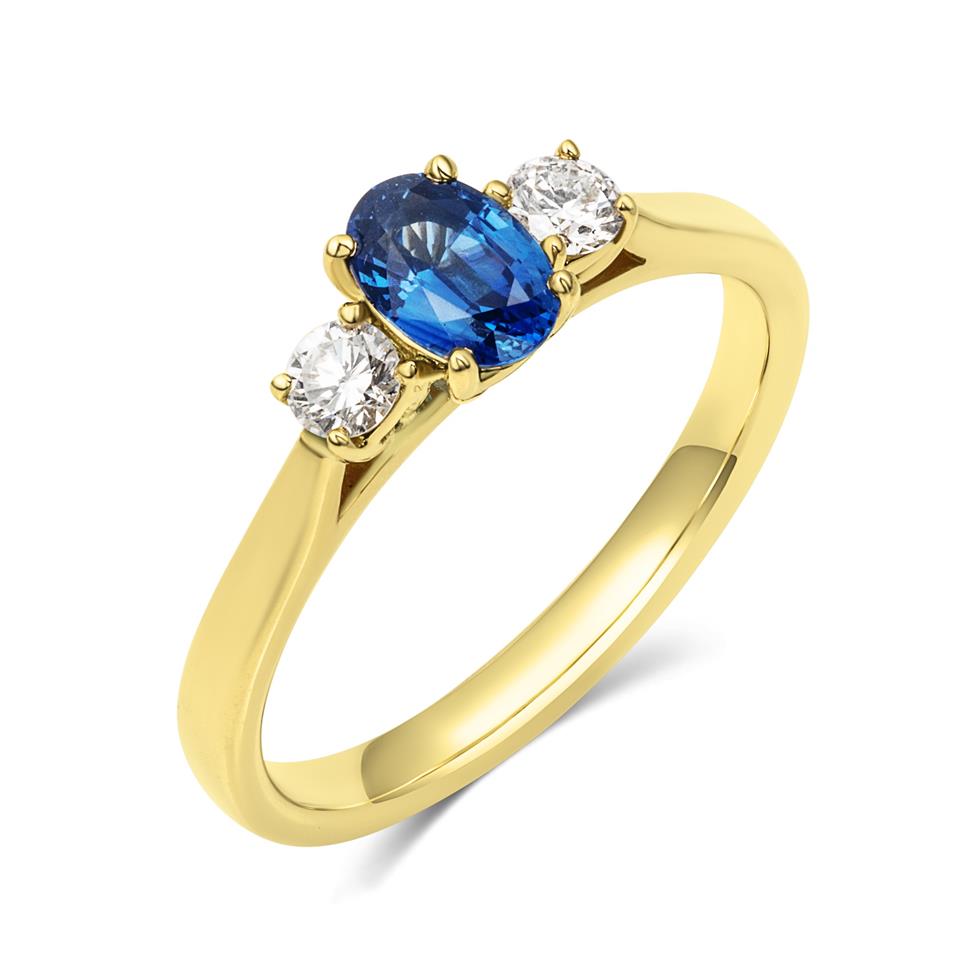 
18ct Yellow Gold Oval Sapphire and Diamond Three Stone Engagement Ring Thumbnail Image 0