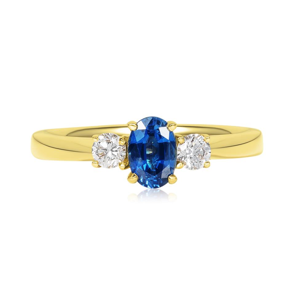 
18ct Yellow Gold Oval Sapphire and Diamond Three Stone Engagement Ring Thumbnail Image 1
