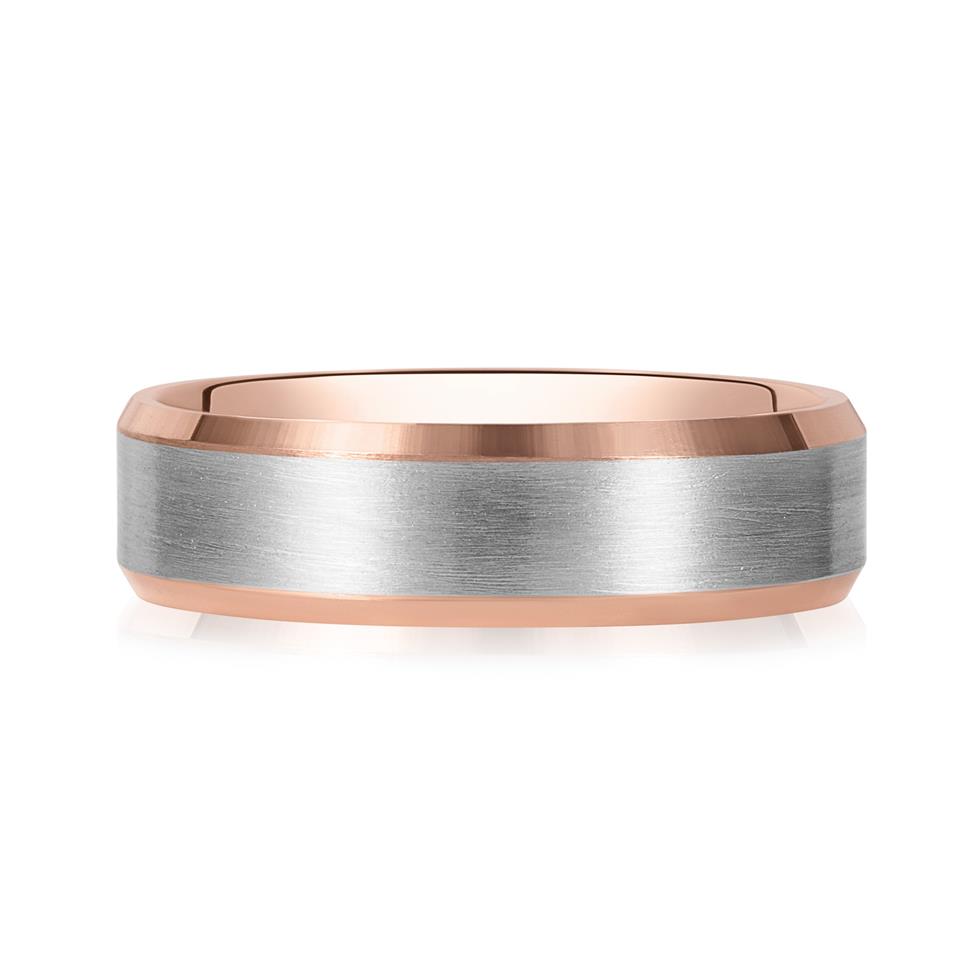 Platinum and 18ct Rose Gold Bevel Detail Wedding Ring Thumbnail Image 1