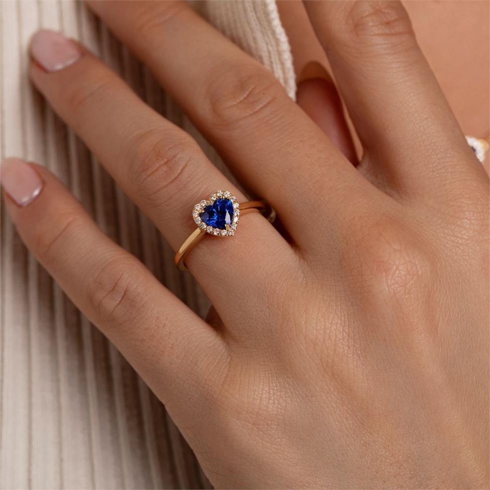 18ct Yellow Gold Heart Blue Sapphire Halo Engagement Ring Thumbnail Image 1