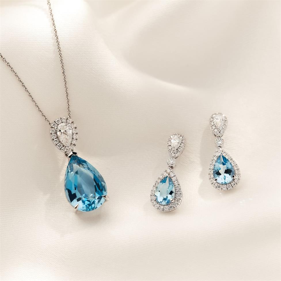 18ct White Gold Pear Aquamarine and Diamond Drop Necklace Thumbnail Image 3