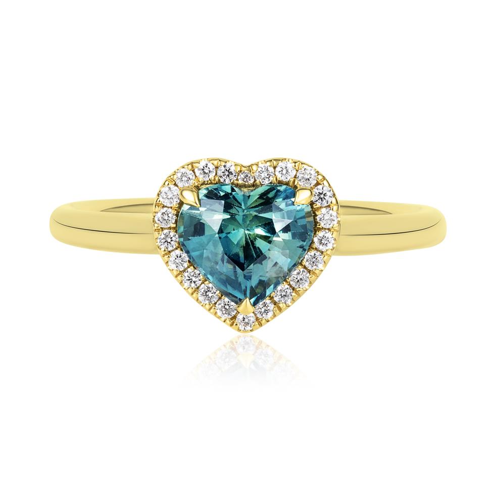 18ct Yellow Gold Heart Teal Sapphire Halo Engagement Ring Thumbnail Image 1