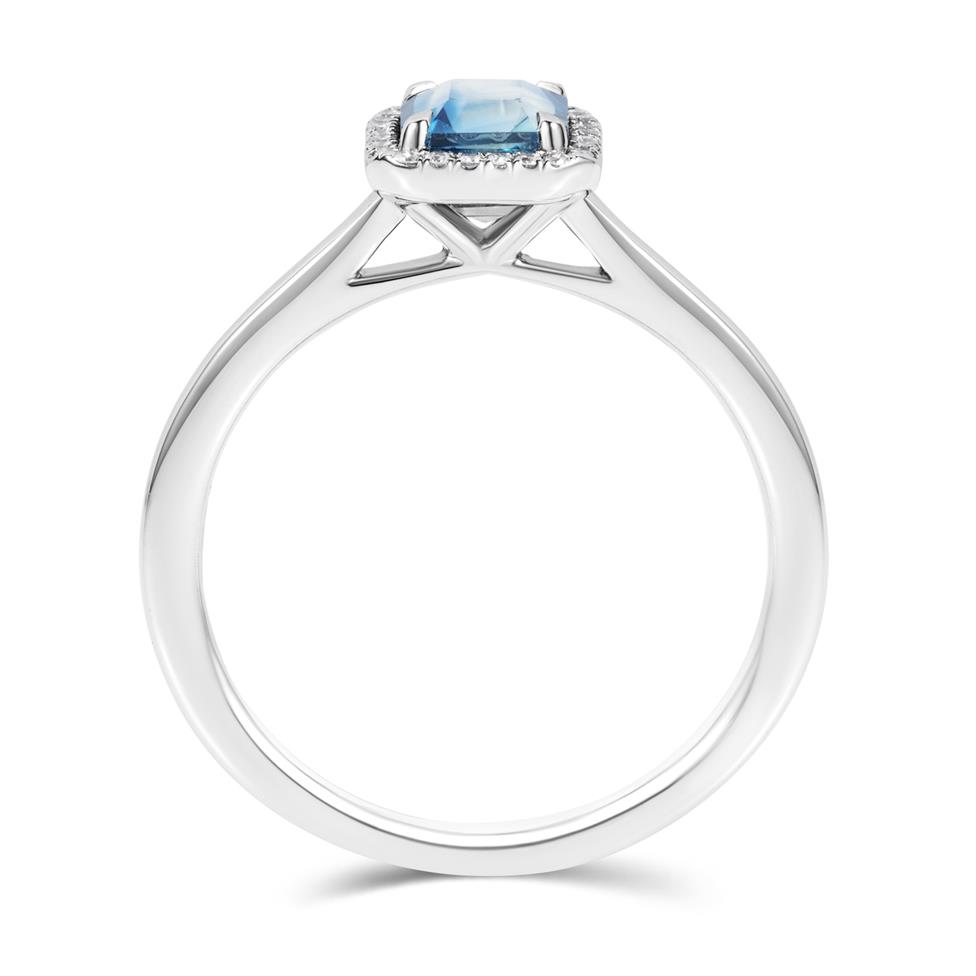 Platinum Asscher Cut Teal Sapphire and Diamond Halo Ring Thumbnail Image 2